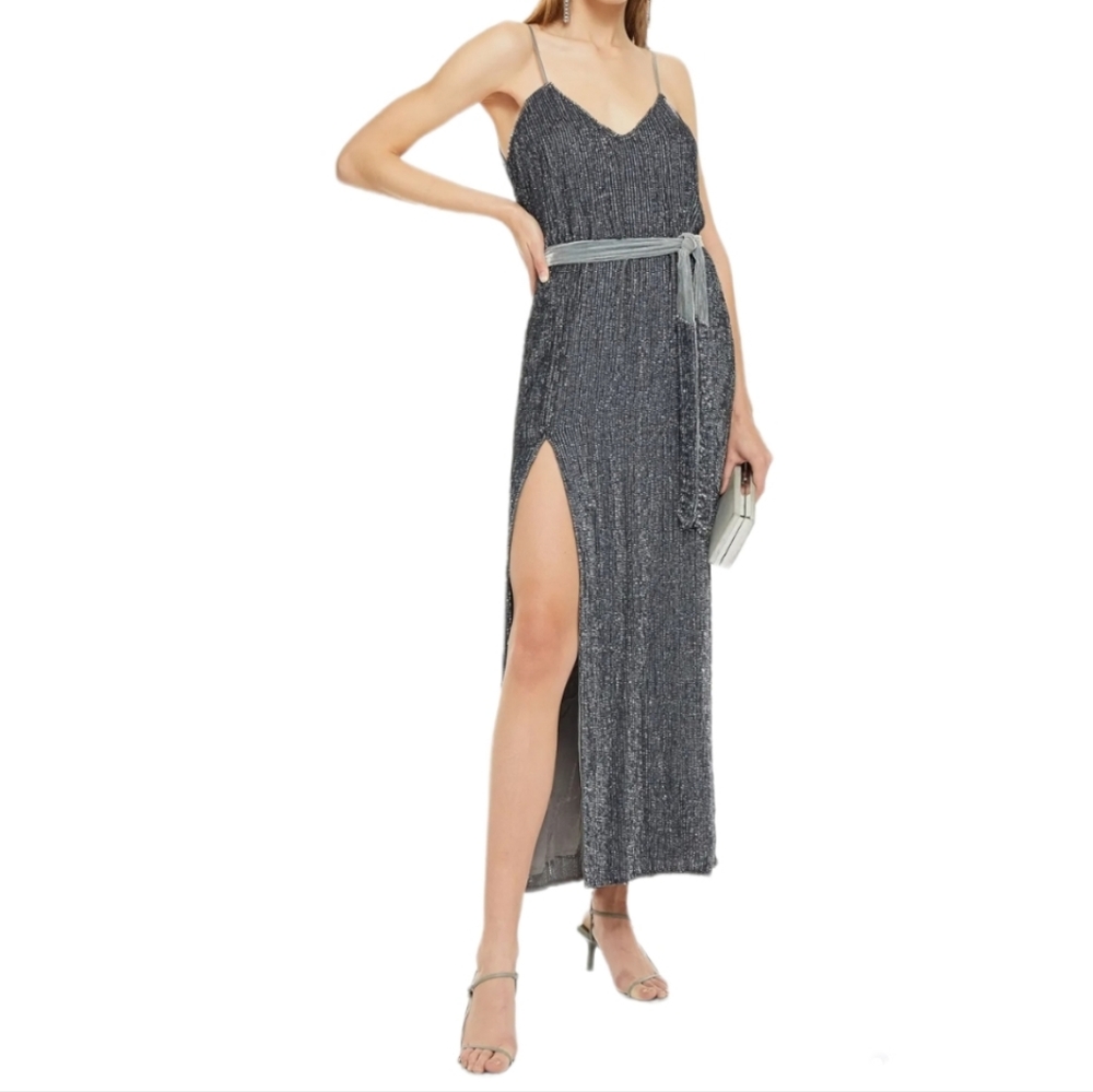 NWT Retrofete Rebecca Velvet Trimmed Sequined Chiffon Gray Midi Dress Size Med.